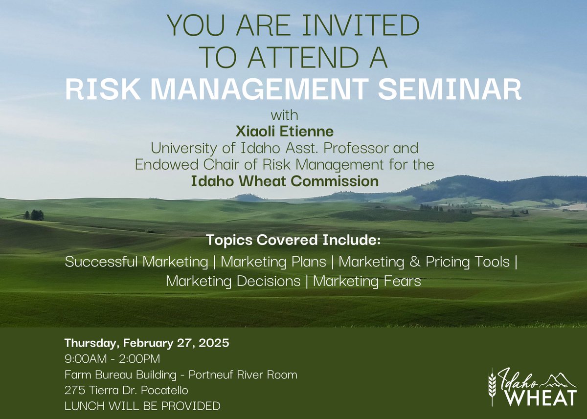For growers in the following counties, join us for a Risk Management Seminar!
Bannock
Bear Lake
Caribou
Franklin
Power
Oneida 

Sign up using the link below. 

docs.google.com/forms/d/1h-_PG…