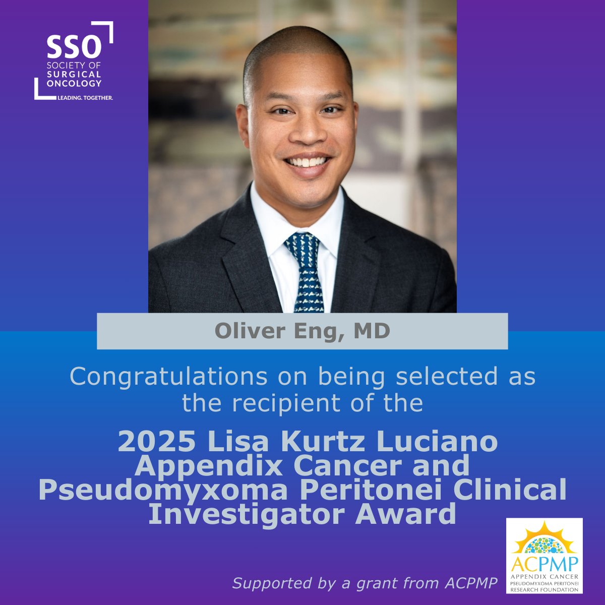 acpmpresearch's tweet image. Thanks to the generosity of our donors, ACPMP is proud to fund two 2025 @SocSurgOnc research grants focused solely on #appendixcancer &amp;amp; PMP, including one brand new &amp;amp; significant $100K grant!

Congrats to all recipients of the 2025 SSO Research Grants!