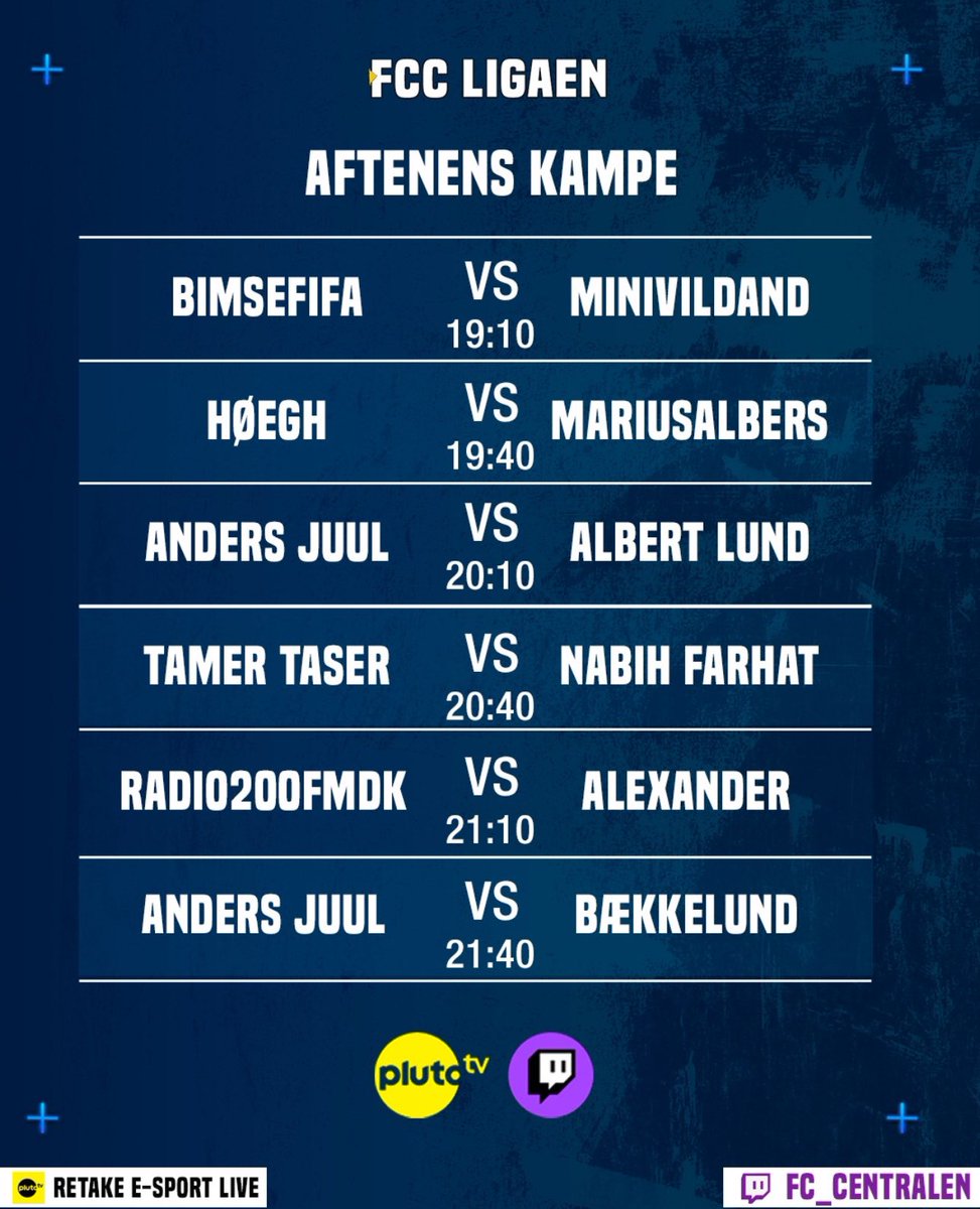 Klar til endnu en dag med masser af spænding?! 🤩 Se FCC LIGAEN i dag kl 19🔜

Programmet er endnu engang spækket med spændende kampe🌟

Se med på Twitch &amp; Pluto TV🖥

Du vil ikke gå glip af det her. 🍿

#FCCLIGAEN #FC25