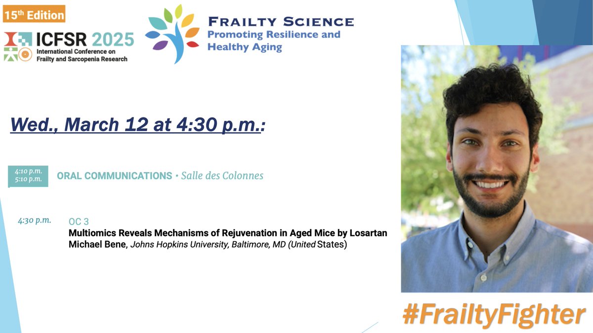 Johns Hopkins Frailty Science #FrailtyFighter (@frailtyscience) on Twitter photo <a href="/JeremyWalstonMD/">Jeremy Walston MD</a> <a href="/ICFSRcongress/">ICFSRcongress</a> Wed., March 12 at 4:30 p.m.
#FrailtyFighter Dr. #MichaelBene presents #Multiomics Reveals Mechanisms of #Rejuvenation in Aged Mice by #Losartan
<a href="/ICFSRcongress/">ICFSRcongress</a> #ICFSR25
#Frailty #Aging #OlderAdults <a href="/JeremyWalstonMD/">Jeremy Walston MD</a> <a href="/ICFSRcongress/">ICFSRcongress</a> Wed., March 12 at 4:30 p.m.
#FrailtyFighter Dr. #MichaelBene presents #Multiomics Reveals Mechanisms of #Rejuvenation in Aged Mice by #Losartan
<a href="/ICFSRcongress/">ICFSRcongress</a> #ICFSR25
#Frailty #Aging #OlderAdults