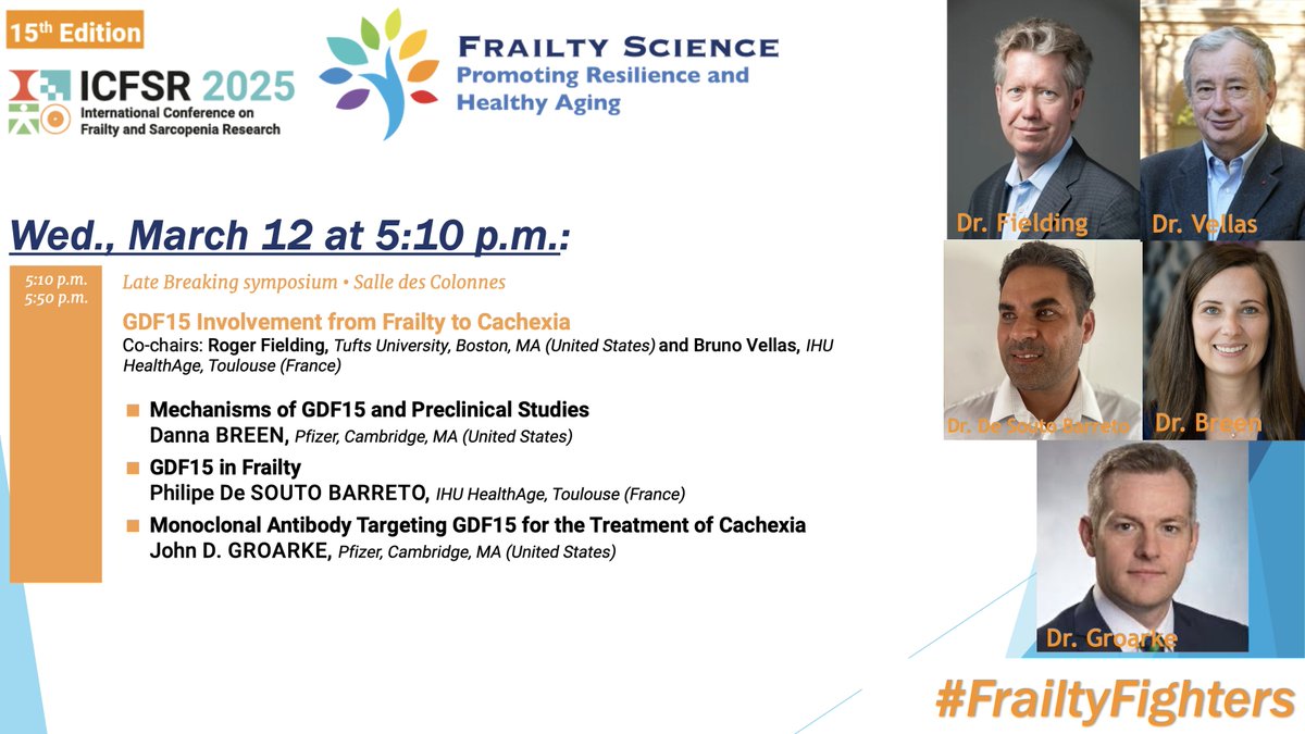 Johns Hopkins Frailty Science #FrailtyFighter (@frailtyscience) on Twitter photo <a href="/JeremyWalstonMD/">Jeremy Walston MD</a> <a href="/ICFSRcongress/">ICFSRcongress</a> Wed., March 12 at 5:10 p.m.
<a href="/RogerFielding5/">Dr. Roger A. Fielding, PhD</a>, <a href="/brunovellas/">Bruno Vellas</a> moderate
#GDF15 involvement from# Frailty to #Cachexia
w/Drs. <a href="/Hudson_Danna/">Danna Breen</a>, #PhilippeDeSoutoBarreto, & #JohnDGroarke
#FrailtyFighters <a href="/ICFSRcongress/">ICFSRcongress</a> #ICFSR25 #Aging #OlderAdults <a href="/JeremyWalstonMD/">Jeremy Walston MD</a> <a href="/ICFSRcongress/">ICFSRcongress</a> Wed., March 12 at 5:10 p.m.
<a href="/RogerFielding5/">Dr. Roger A. Fielding, PhD</a>, <a href="/brunovellas/">Bruno Vellas</a> moderate
#GDF15 involvement from# Frailty to #Cachexia
w/Drs. <a href="/Hudson_Danna/">Danna Breen</a>, #PhilippeDeSoutoBarreto, & #JohnDGroarke
#FrailtyFighters <a href="/ICFSRcongress/">ICFSRcongress</a> #ICFSR25 #Aging #OlderAdults