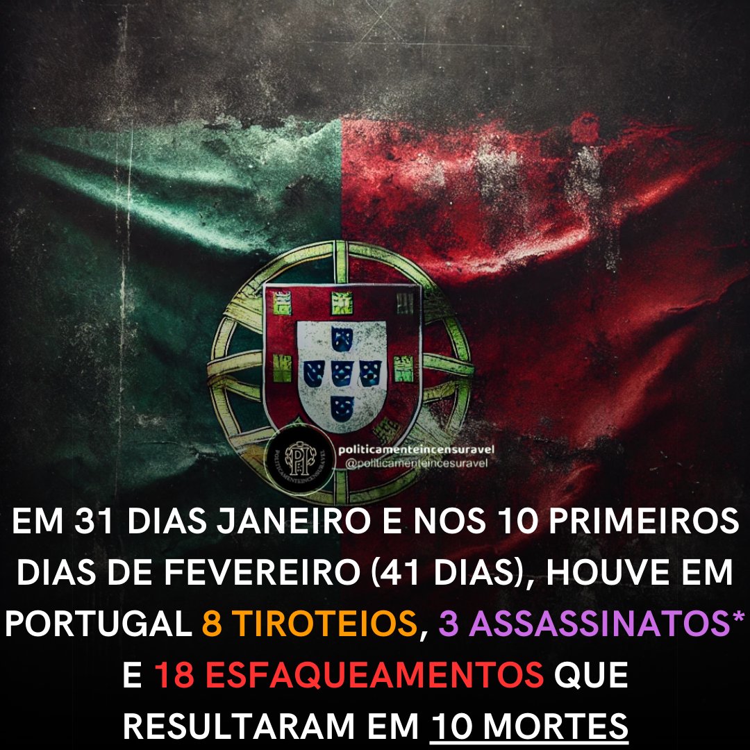 P_Incensuravel's tweet photo. Criminalidade Violenta em Portugal nos primeiros 41 dias do ano de 2025
8 tiroteios, 3 assassinatos, 18 esfaqueamentos = 10 mortes https://t.co/OAMZCigIsM