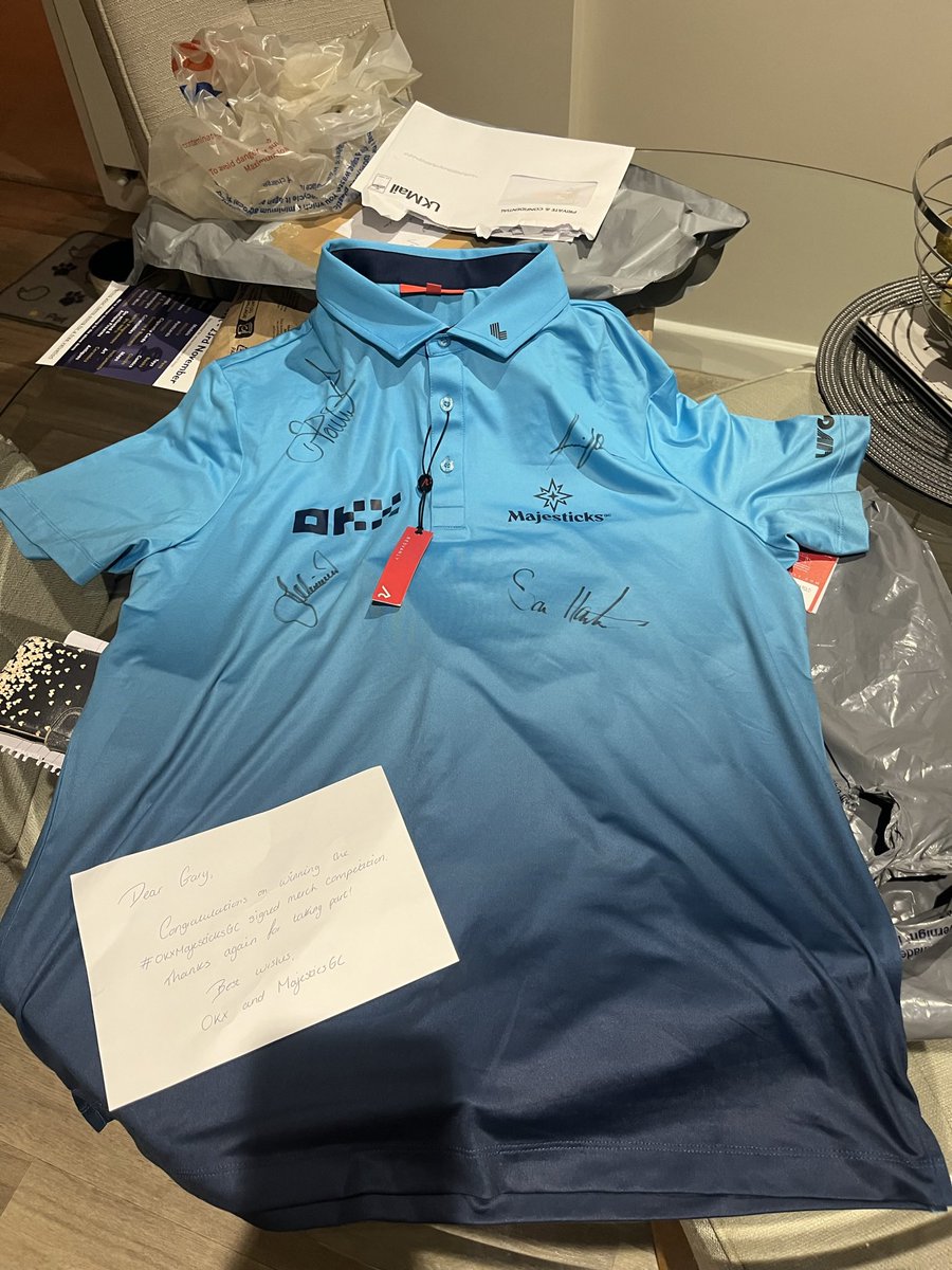 garytarling's tweet photo. Got the signed @MajesticksGC shirt framed ready for auction on my Captains Day in July….thank you @okx and @MajesticksGC 🤩🤩 https://t.co/Myx6FSWlHz
