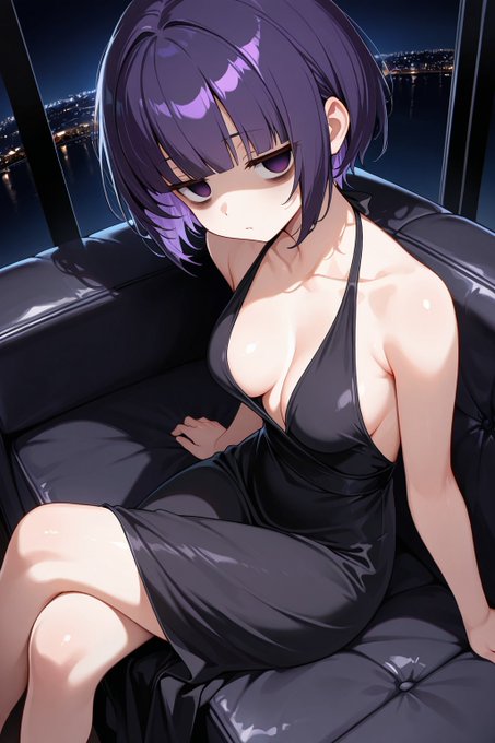 お題箱より黒レースのキャバドレス姿の、前髪ぱっつん紫ショートカットの女の子をお願いします。眼が病んでると嬉しいです#odaibako_xenon3134_mc  こんな感じでしょうかね? 