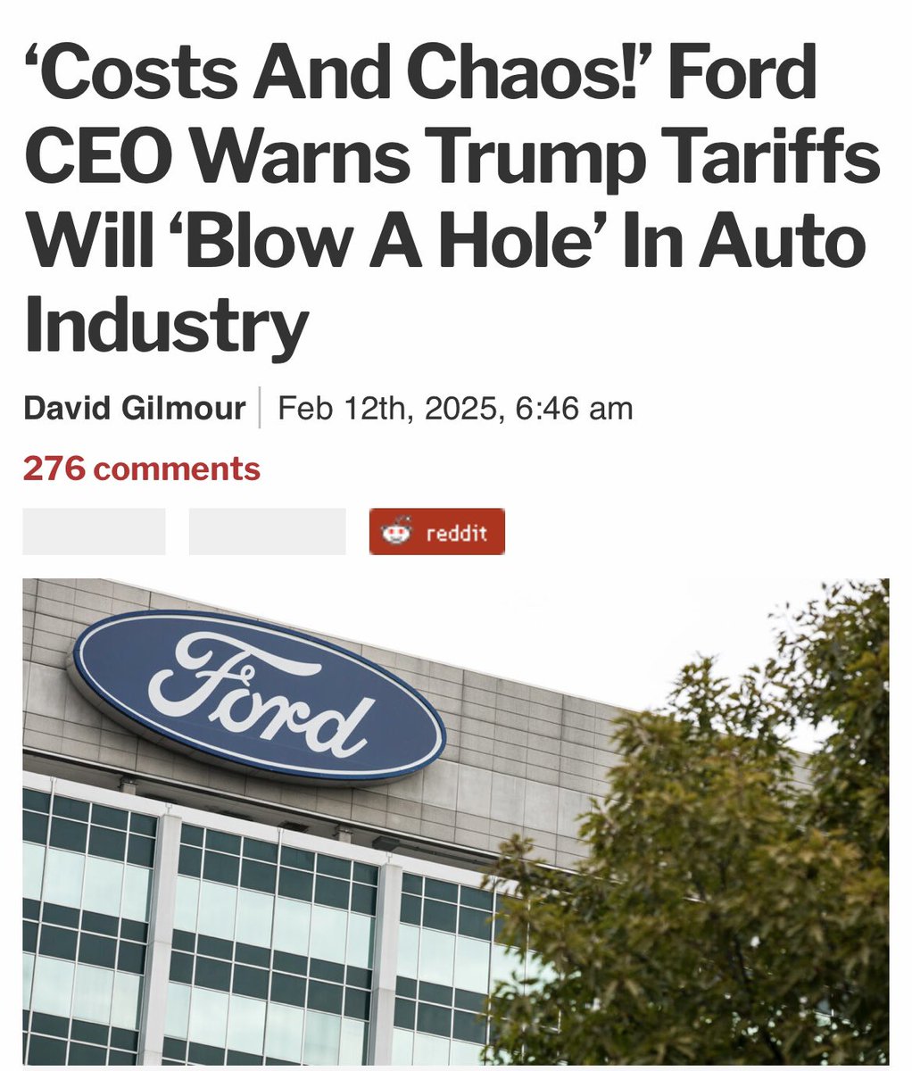 JosetteCaruso_'s tweet image. Cry more…

Ford CEO Jim Farley warned that President Donald Trump’s tariff threats will “blow a hole” in the auto industry and manufacturers faced a spike in “costs” and “chaos.”
Speaking at a Wolfe Research conference on Tuesday, according to Axios, Farley warned that Trump’s…