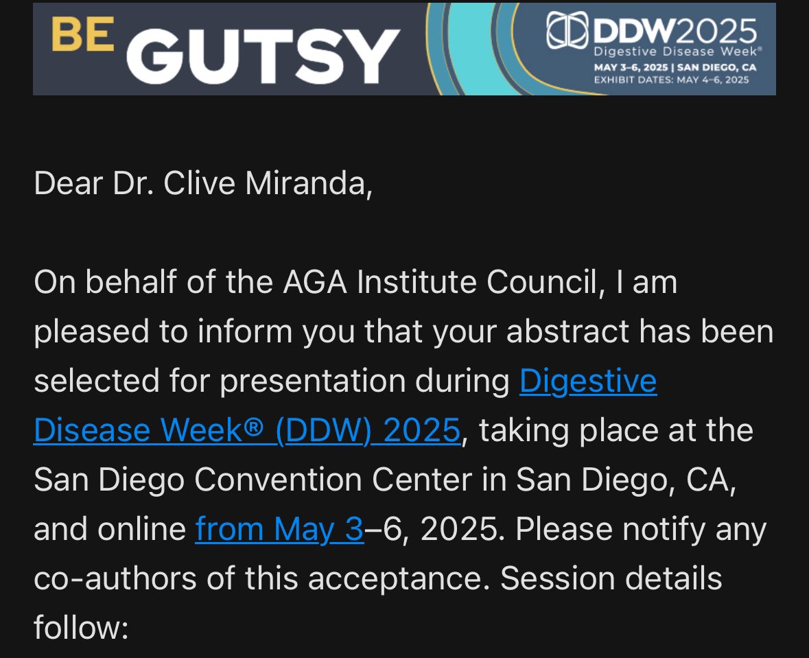 Clive Miranda, DO, MSc (@clivejmiranda) on Twitter photo ✨ Thrilled to announce that our abstracts have been accepted to #DDW2025 in beautiful San Diego 🏖️🦭
So grateful for our 🌟-studded team of authors and mentors who were integral in making this happen 💪🏻🔥
<a href="/DDWMeeting/">Digestive Disease Week</a> <a href="/ASGEendoscopy/">ASGE GI Endoscopy</a> <a href="/AASLDtweets/">AASLD</a> <a href="/SSATNews/">SSAT</a> <a href="/AmerGastroAssn/">American Gastroenterological Association (AGA)</a> ✨ Thrilled to announce that our abstracts have been accepted to #DDW2025 in beautiful San Diego 🏖️🦭
So grateful for our 🌟-studded team of authors and mentors who were integral in making this happen 💪🏻🔥
<a href="/DDWMeeting/">Digestive Disease Week</a> <a href="/ASGEendoscopy/">ASGE GI Endoscopy</a> <a href="/AASLDtweets/">AASLD</a> <a href="/SSATNews/">SSAT</a> <a href="/AmerGastroAssn/">American Gastroenterological Association (AGA)</a>