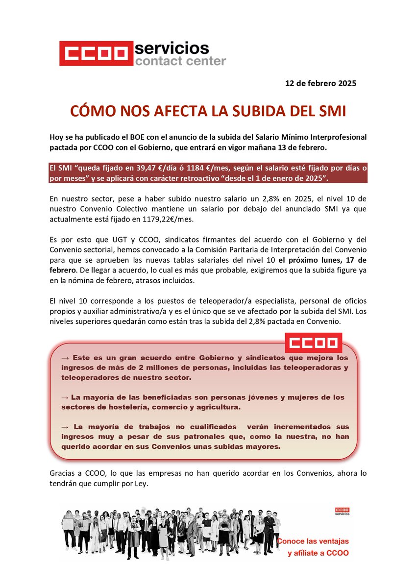ℹ️La  Comisión Paritaria de Interpretación del Convenio se reunirá este lunes para aprobar los nuevos conceptos salariales del nivel 10

Gracias a este acuerdo subirá el salario de gran parte  del sector pese a la oposición patronal
#ContactCenter #SMI #25AñosGenerandoderechos