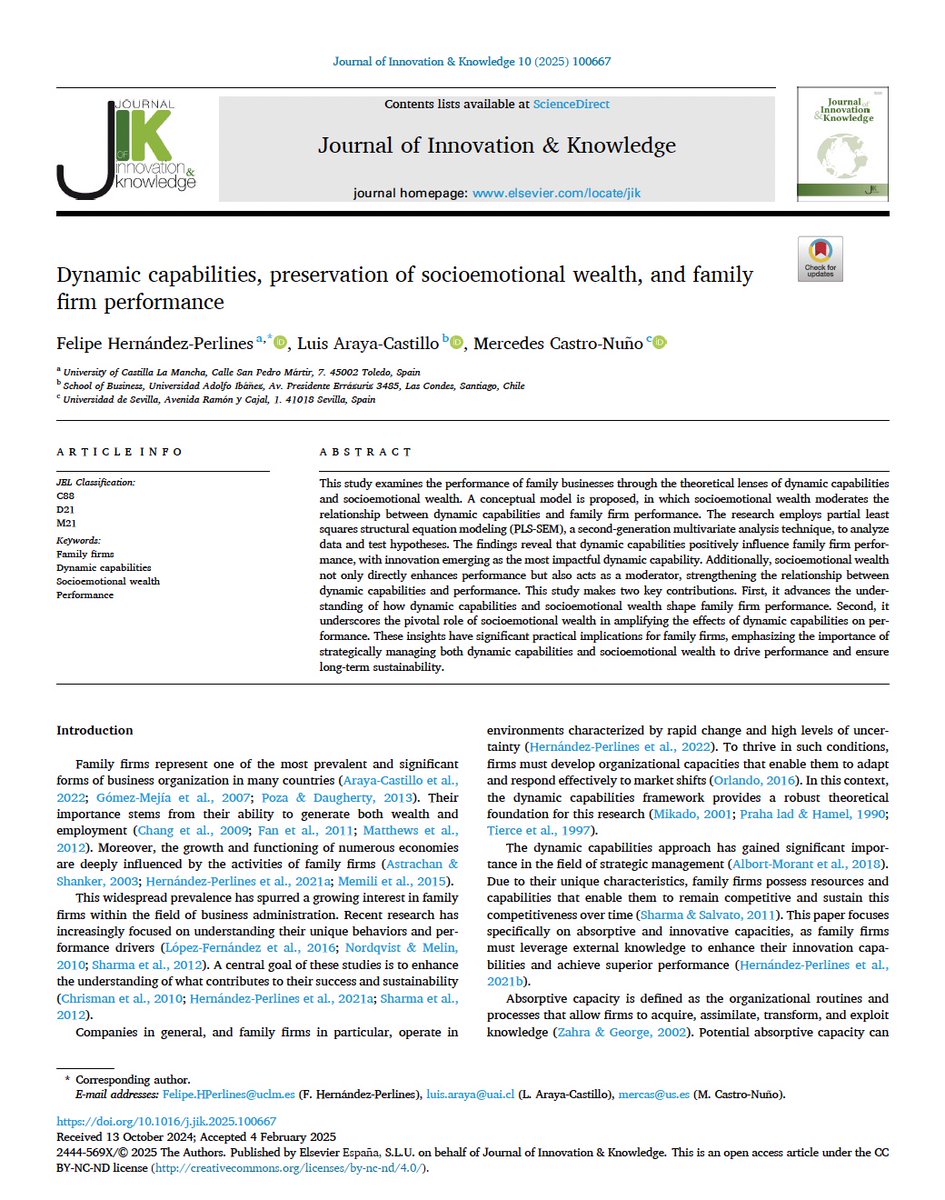 🚀 Nueva publicación en Journal of Innovation &amp; Knowledge (JCR 15.6, D1, Q1).
💾sciencedirect.com/science/articl…
🔎¡Descubre la importancia de gestionar estratégicamente las #capacidadesdinámicas y la #riquezasocioemocional en las #EmpresasFamiliares!