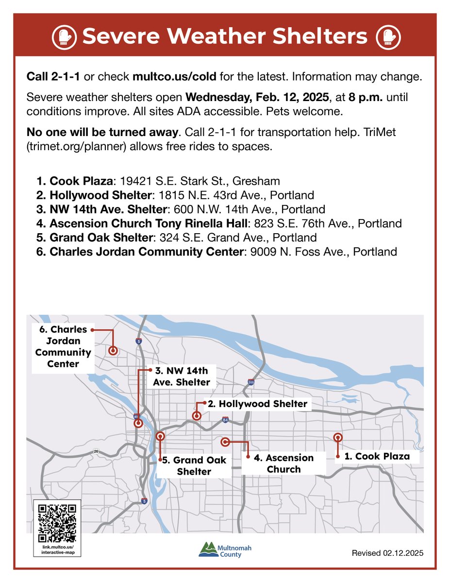 multco's tweet image. SHARE: UPDATE Feb 12, 2025: Frigid temps, rain, snow, ice &amp;amp; dangerous windchill forecast. 6 severe shelters open TONIGHT (Wednesday) 8pm - noon Thursday! Visit multco.us/cold for the most recent updates.
