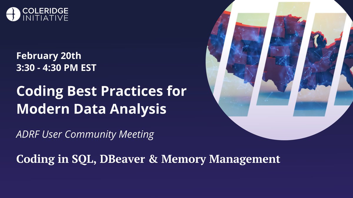 🚀 Join us for the next Coding Best Practices session for the ADRF User Community, where we’ll explore Coding in SQL, DBeaver &amp; Memory Management.

📅 February 20th, 3:30 PM ET
👉 Register now: bit.ly/47bxh2o 

#ADRFUserCommunity #CodingBestPractices