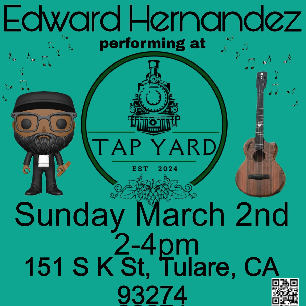 Ladies and gentlemen! I am coming back to my hometown , Tulare California to perform the four strings at The Tapyard. Sunday March 2nd. Starting at 2pm. Super excited to perform for everyone. Come out and have some awesome drinks and listen to music on the ukulele. 

Saludos!!!