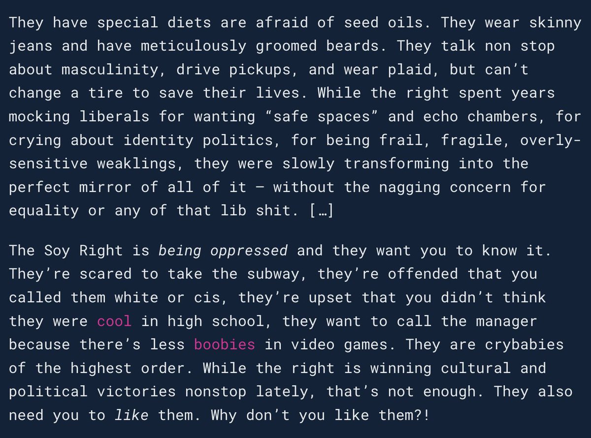 This diagnosis of the prevailing culture of the American Right strikes me as substantially, if not completely, correct, but also makes me wonder if there was a ever a period when this preening self-pity wasn’t strongly present. dialecticsofdecline.com/p/the-soy-righ…