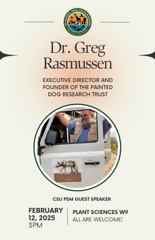 Hello everyone! 

Dr. Greg Rasmussen is a prominent researcher of Painted Dogs (African Wild Dogs) and has been partnering with Master's students in PSM to develop research projects. He will be  will be giving a seminar on his research TODAY at 3pm in W9, Plant Sciences.