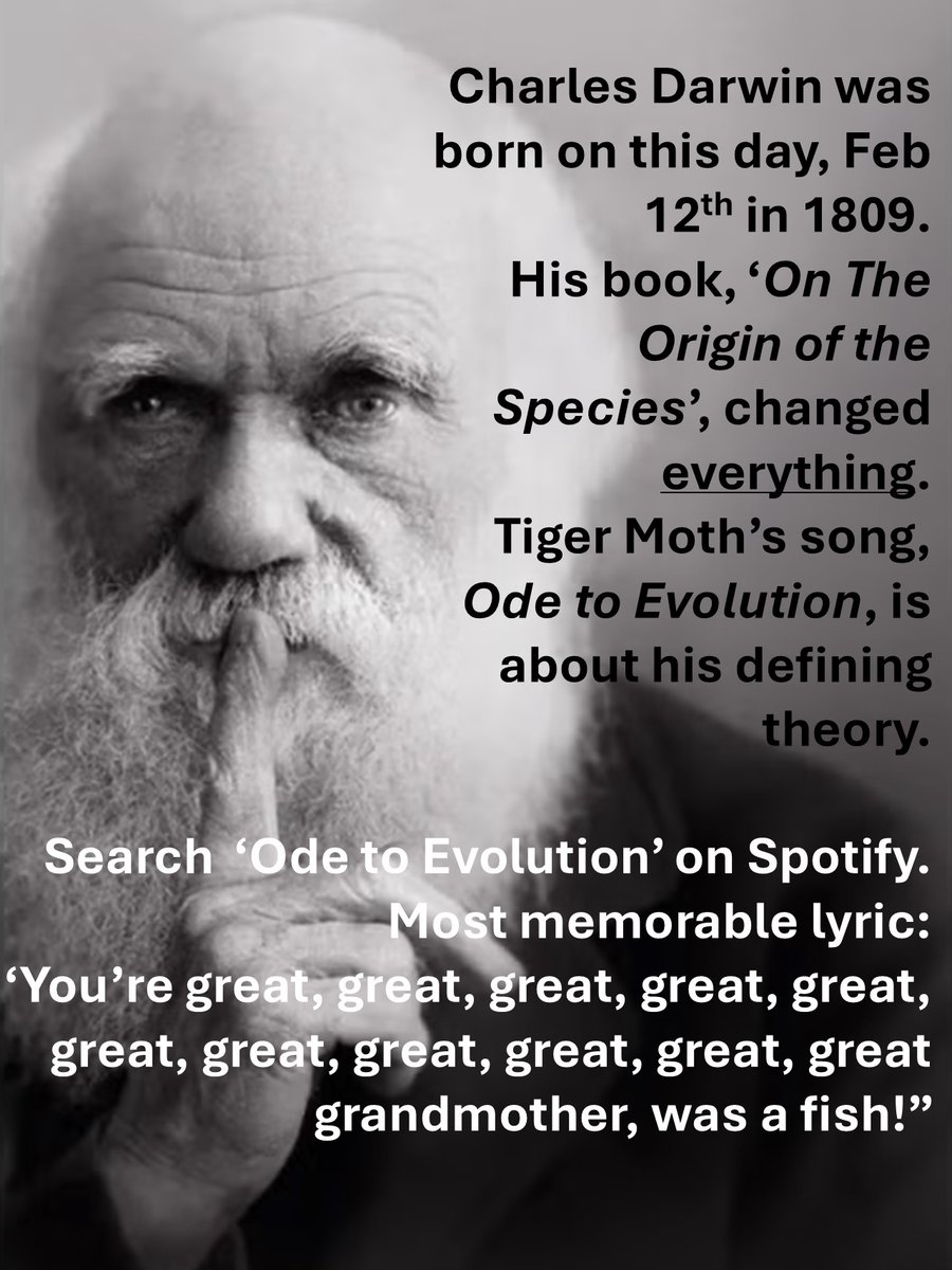 Charles Darwin's birthday today. Our song, Ode to Evolution, is worth a listen. #charlesdarwin #evolution 
Link here:
open.spotify.com/track/1cQIfPgZ…