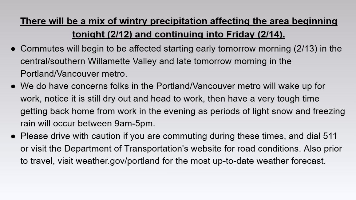 NWSPortland's tweet image. Here is a look at the latest timing for the incoming wintry precipitation. Plan on travel impacts and refer to our attached bullet points for more detail. #ORWX #WAWX