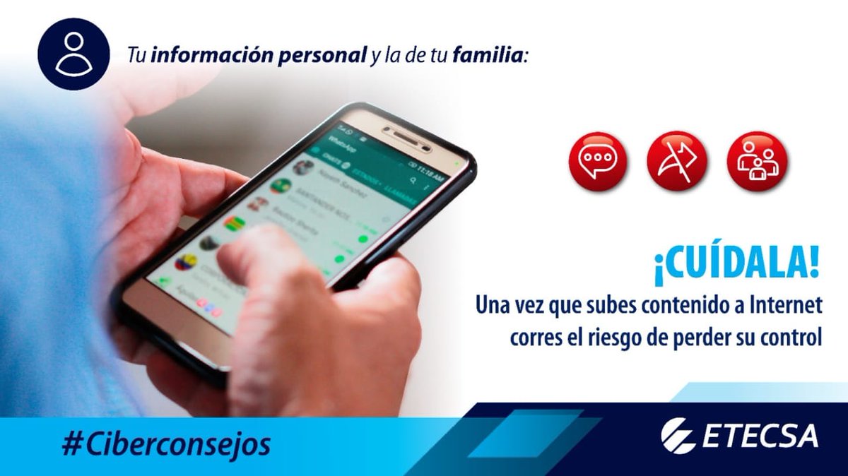 ETECSA_Cuba's tweet image. 📌 A propósito de que ayer celebramos el #DíaDeInternetSegura 📲, queremos compartirte este #ConsejoÚtil 👇
👉 Protege tu privacidad y la de tu familia 👪 en redes sociales 🤳. Cuidado con la información que compartes 🤔.
#CiberseguridadParaTodos