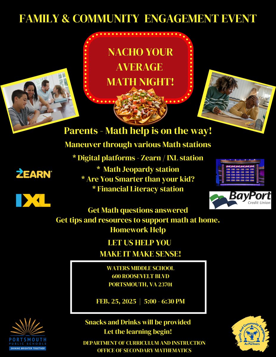 Velverlee (@wms_liaison) on Twitter photo Mark your calendar! Join us for an engaging, hands-on workshop designed to boost Math skills. Students and parents will explore Math stations to get support needed to succeed in their Math journey and learning at home. <a href="/cavalier_corner/">Cavalier Corner</a> <a href="/PortsVASchools/">Portsmouth Schools</a> <a href="/ebracyPPS/">Dr. Elie Bracy III</a> <a href="/EndiaHatcher/">Endia Hatcher</a> Mark your calendar! Join us for an engaging, hands-on workshop designed to boost Math skills. Students and parents will explore Math stations to get support needed to succeed in their Math journey and learning at home. <a href="/cavalier_corner/">Cavalier Corner</a> <a href="/PortsVASchools/">Portsmouth Schools</a> <a href="/ebracyPPS/">Dr. Elie Bracy III</a> <a href="/EndiaHatcher/">Endia Hatcher</a>