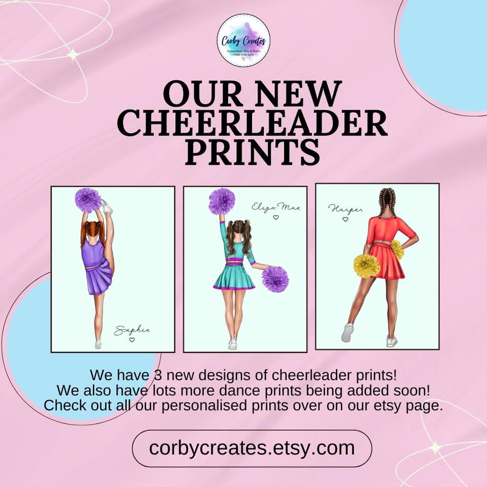 💃🏼 we have more new prints, this time it’s our gorgeous cheerleader ones 🕺🏼

Lots more dance prints coming soon too

Check all our prints out over on our Etsy 

Corbycreates.etsy.com 💖