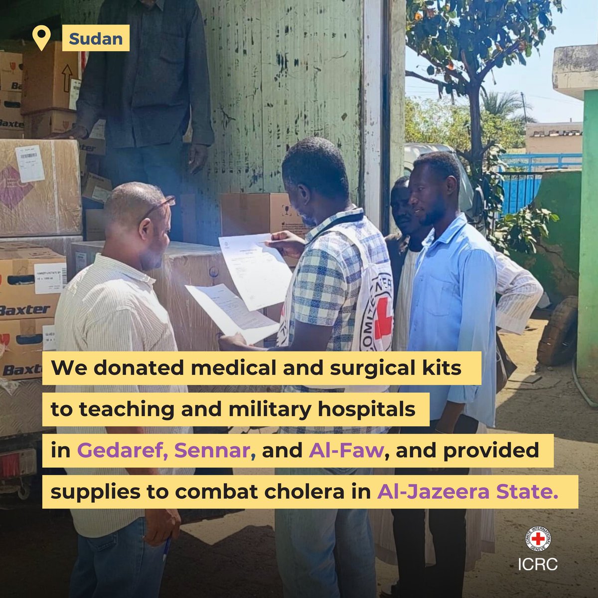 📍 Sudan |
To enhance healthcare for weapon-wounded patients, we donated medical and surgical equipment kits to teaching and military hospitals. 

In addition, we provided supplies to combat cholera and support the health sector in Al-Jazeera State.