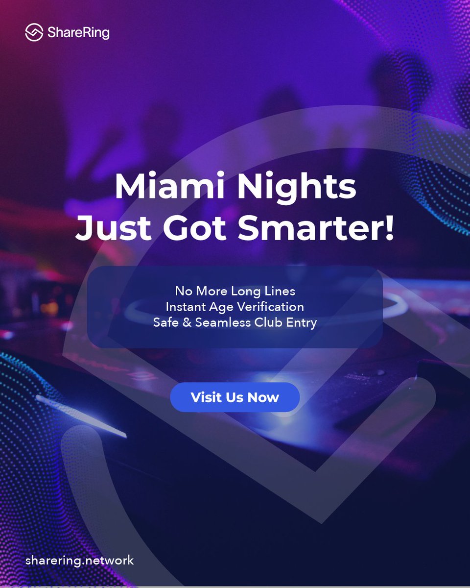 SHR_Business's tweet photo. π Miami Nights Just Got Smarter! π
Skip the lines with ShareRingβs secure age verificationβfaster, safer, and hassle-free! π
π² Download the ShareRing app and party on! πΎπΆ
#miaminights #smartnightlife #instantentry #secureverification #partysmart #shareringapp https://t.co/wC1h3pGnIN