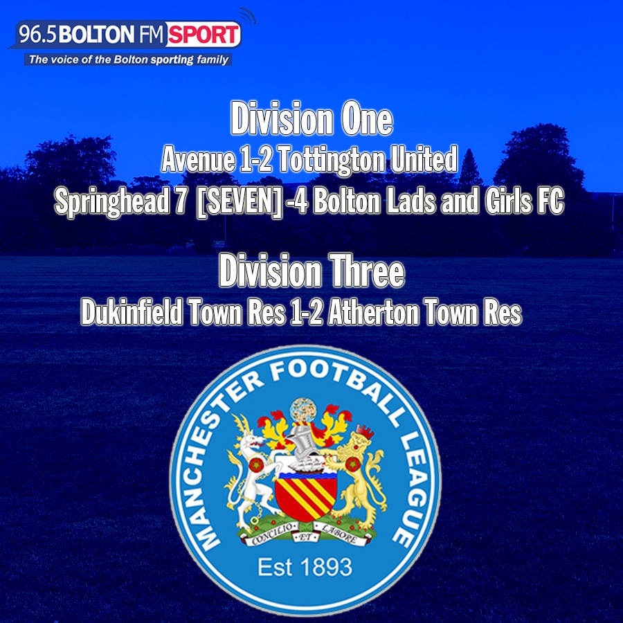Bolton FM Sport (@boltonfmsport) on Twitter photo <a href="/TottyUnited/">Tottington United FC</a> made it back-to-back victories in D1 as <a href="/ArranAshall70/">Arran Ashall</a> and <a href="/Dylhalford10/">Dylan halford</a> were on target to get past Avenue whereas <a href="/BoltonLC_FC/">BLGC Mens Football</a> were on the wrong end of a thriller at Springhead.
<a href="/AthertonTownFC/">Atherton Town F.C.</a> Reserves defeated second place Dukinfield Town Reserves in D3. <a href="/TottyUnited/">Tottington United FC</a> made it back-to-back victories in D1 as <a href="/ArranAshall70/">Arran Ashall</a> and <a href="/Dylhalford10/">Dylan halford</a> were on target to get past Avenue whereas <a href="/BoltonLC_FC/">BLGC Mens Football</a> were on the wrong end of a thriller at Springhead.
<a href="/AthertonTownFC/">Atherton Town F.C.</a> Reserves defeated second place Dukinfield Town Reserves in D3.