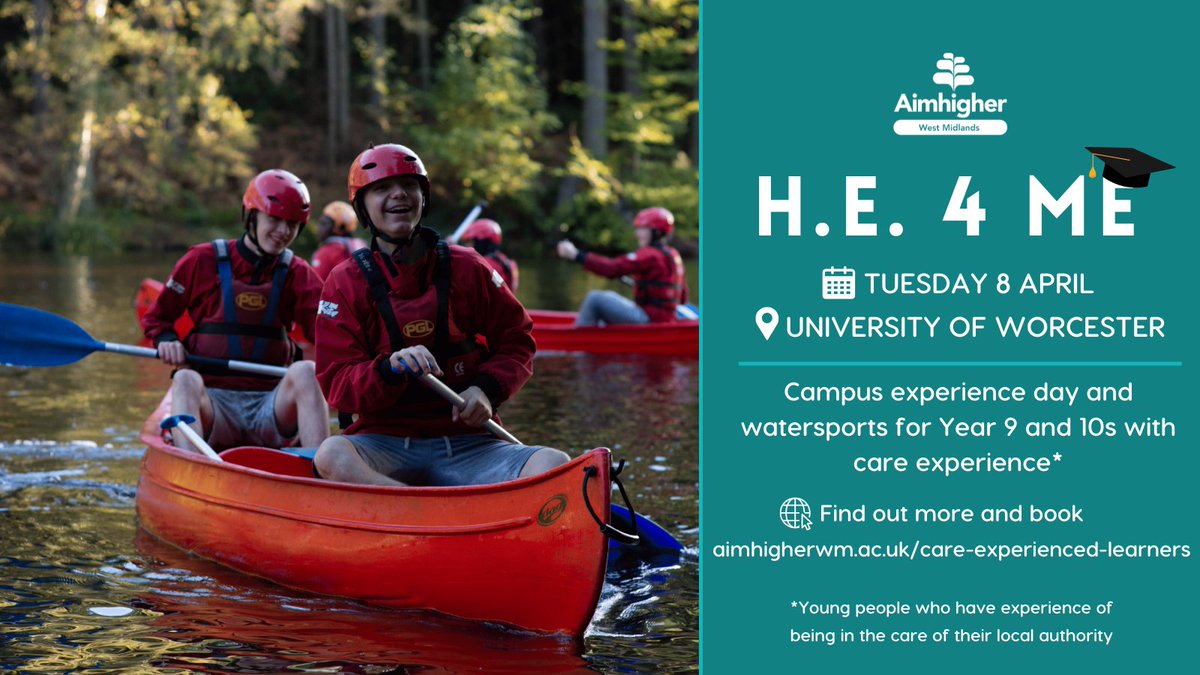 Aimhigher West Midlands (@aimhigherwm) on Twitter photo Join us 8 April for a fantastic campus experience day at <a href="/worcester_uni/">University of Worcester</a>!🎓
We invite Year 9-10s with care experience to learn about life beyond school & the support on offer at uni. We'll also visit Lakeside Campus for some watersports!
Book places now✨gck.fm/qhsqr Join us 8 April for a fantastic campus experience day at <a href="/worcester_uni/">University of Worcester</a>!🎓
We invite Year 9-10s with care experience to learn about life beyond school & the support on offer at uni. We'll also visit Lakeside Campus for some watersports!
Book places now✨gck.fm/qhsqr