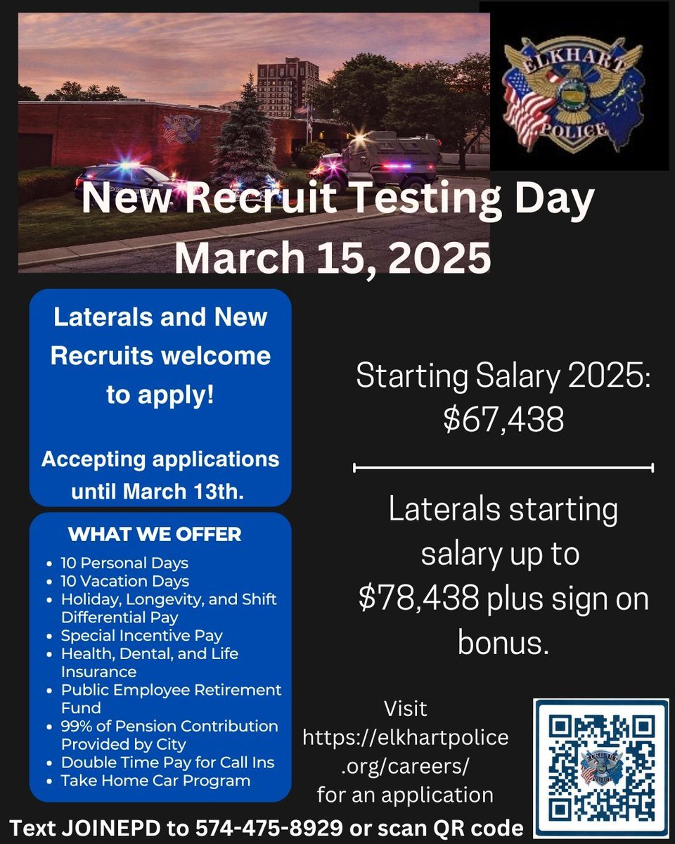 ElkhartPolice's tweet photo. ICYM our Super Bowl 🏈ad: we are hiring! EPD is accepting applications for the next new recruit testing day 3/15/25. Submit your app to participate. Have ? Text JOINEPD to 574-475-8929, fill out the questionnaire &amp; get connected with a recruiter. #wearehiring #epd #applynow https://t.co/bBwOBypNsx