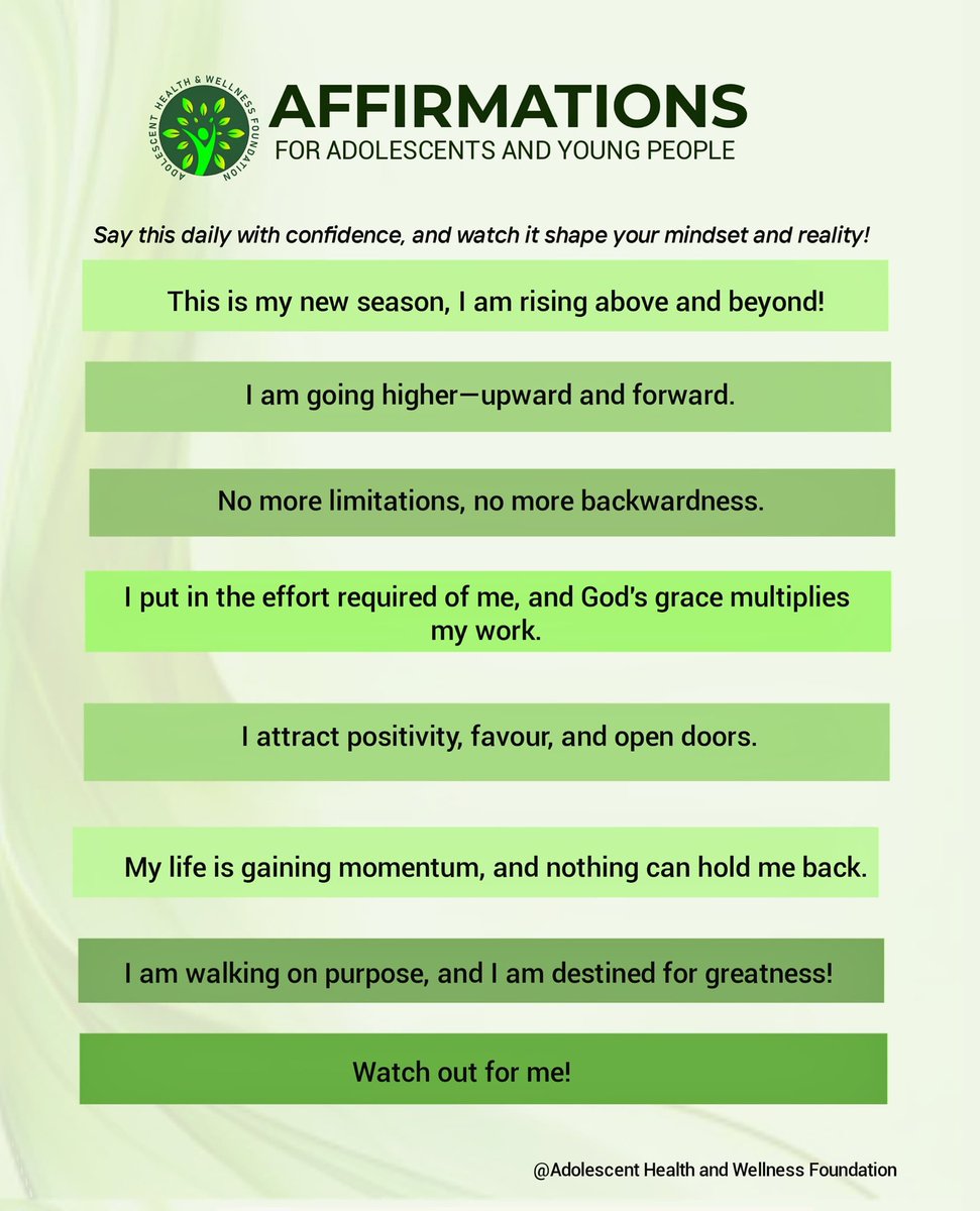 adolescenthwf's tweet photo. Say this loud and clear!
#affirmation
#adolescent
#Youths
#Confessions
#Adolescentwellness https://t.co/quYxuS4Vit