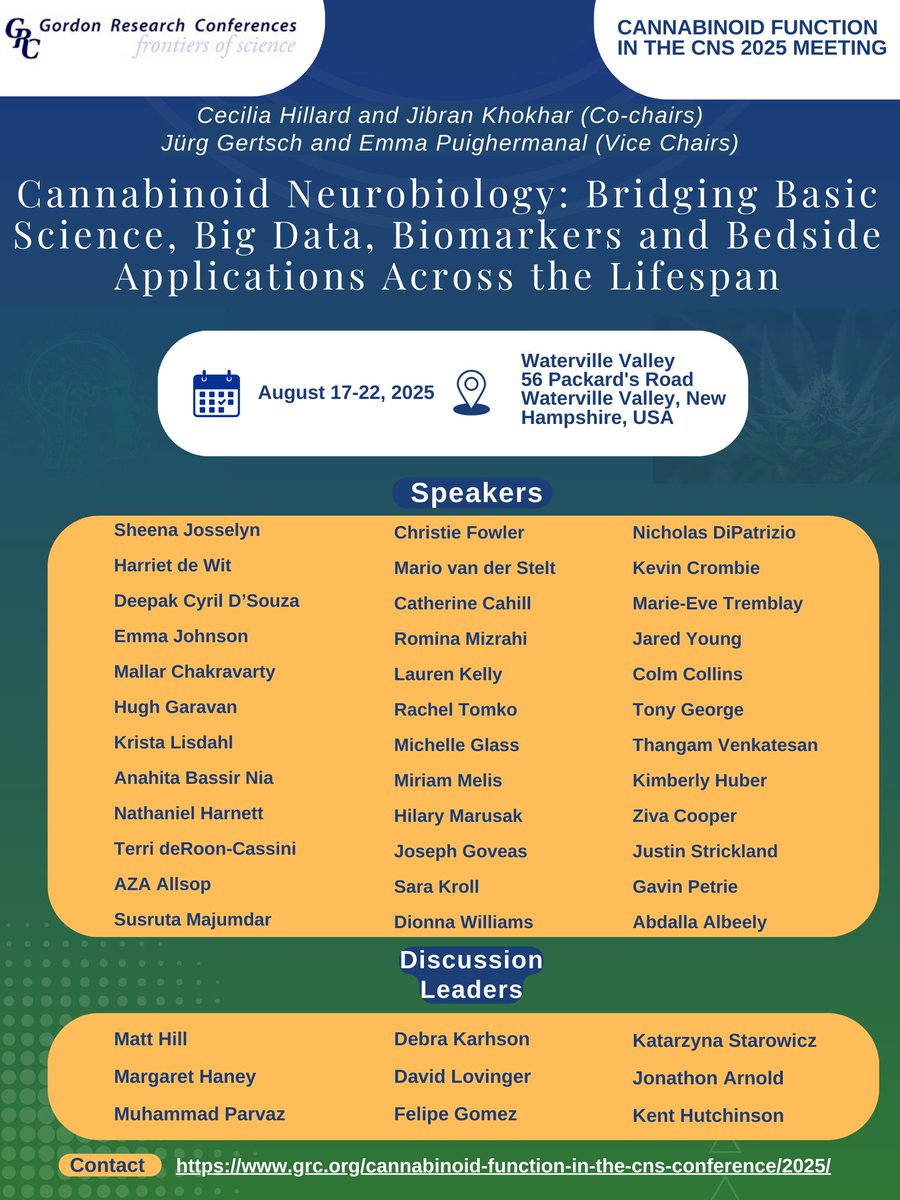 Jibran Khokhar (@drjkhokhar) on Twitter photo Updated Poster for the 2025 Cannabinoid Function in the CNS GRC with <a href="/CeceHillard/">Cecilia Hillard</a>! Get your registrations and abstracts in for the remaining selected talks. 50% of available spots accepted as of today! grc.org/cannabinoid-fu… Please RT! Updated Poster for the 2025 Cannabinoid Function in the CNS GRC with <a href="/CeceHillard/">Cecilia Hillard</a>! Get your registrations and abstracts in for the remaining selected talks. 50% of available spots accepted as of today! grc.org/cannabinoid-fu… Please RT!
