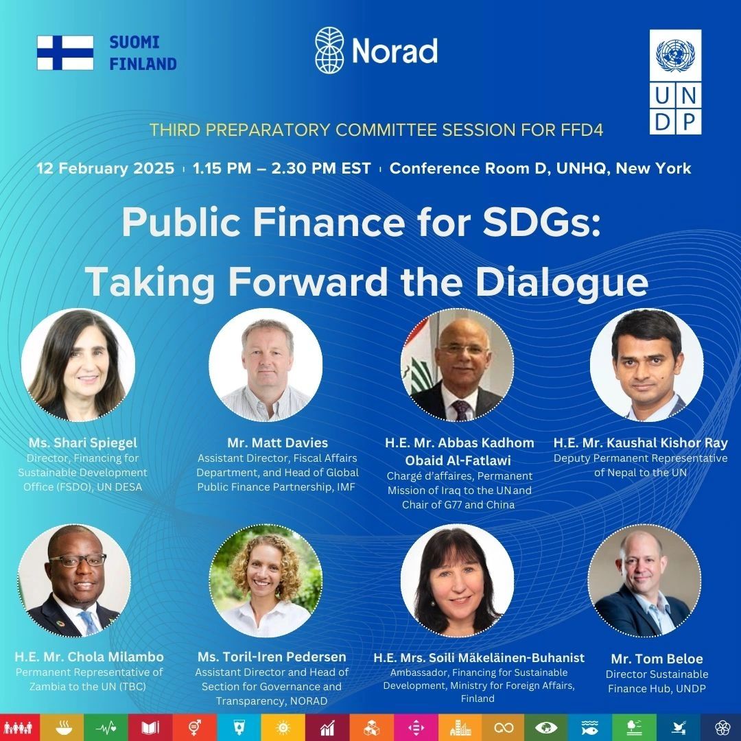 How can public finance drive sustainability, equity &amp; accountability?

Join <a href="/UNDP/">UN Development</a> #PublicFinance4SDGs, the Govt of Finland &amp; <a href="/noradno/">Norad</a> for today’s side event on how fiscal policy coherence supports Tax-Budget alignment with the #SDGs.

⏰ 1:15-2:30 PM EST
📍UNHQ, Conf. Room D, NY