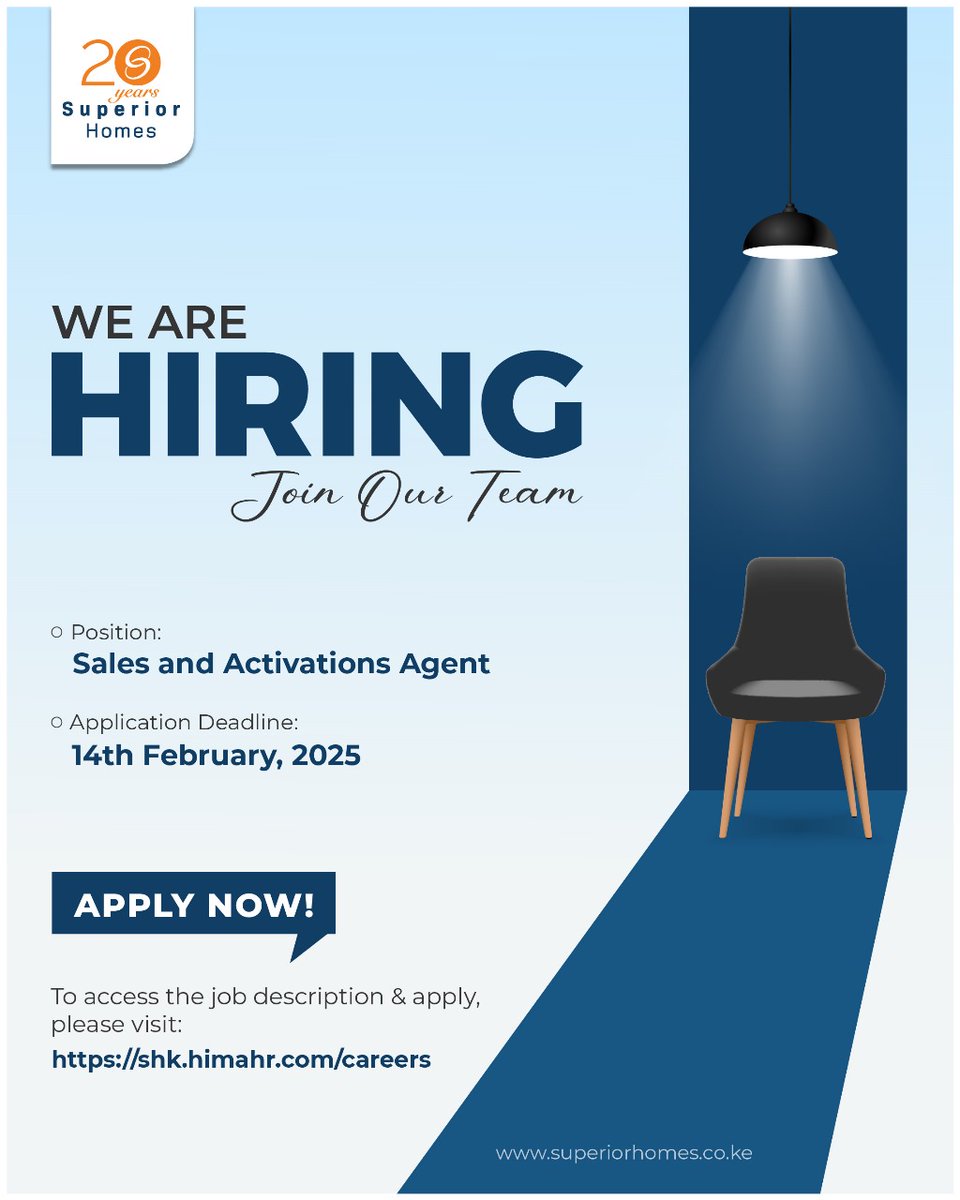SuperiorHomesKe's tweet photo. Superior Homes, East Africa’s Leading Master-plan Real Estate Developer, is looking to hire an experienced Sales and Activations Agent.
Apply Now 👇
https://t.co/YtA7TtYvSM
#realestate #marketingrole #salesrole #openrole #career #vacancy #careeropportunity #ikoKaziKe #IkoKazi https://t.co/prVQGM3R9e