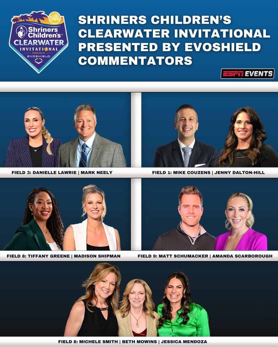Say hello to ESPN's commentator lineup for the 2025 Shriners Children's <a href="/ClearwaterInv/">Shriners Children's Clearwater Invitational</a> presented by <a href="/EvoShield/">EvoShield</a> 👋🥎

#NCAASoftball