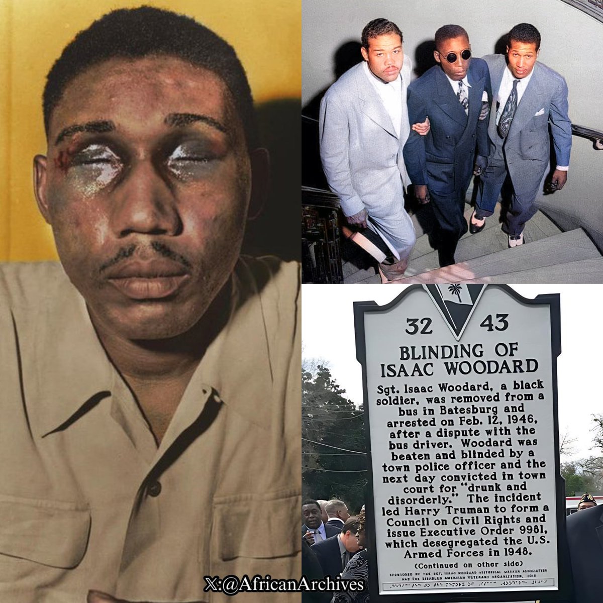 On this day in 1946, Isaac Woodard, WWII veteran, hours after being honorably discharged, was attacked by South Carolina police while still in uniform when taking the bus home &amp; left permanently BLIND The officers were acquitted by an all white jury.

—Isaac enlisted in the U.S.