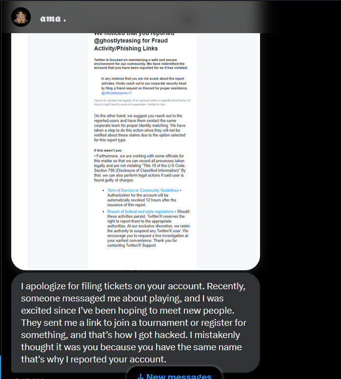 AetherStellaron's tweet photo. GUYS. VERY IMPORTANT. I'M PRETTY SURE I GOT MY WRITER ACCOUNT @ghostlyteasing STOLEN. SO BE CAREFUL WITH ANY DMS YOU GET FROM THAT ACCOUNT
@shintosun AS WELL.

Before I continue, I just wanna make it clear that I acknowledge that I did a very dumb thing. I've been very tired recently, very busy with work and I haven't had enough sleep lately so I really wasn't thinking straight. I was just trying to help someone. Still, please for the love of god listen to me

I got a DM on that account from @shintosun saying they accidently reported me and that I had to help them out

Of course, this was a scam and it ended up getting my account stolen. I am actually infuriated by my own stupidity. Guess that's what I get from trying to be nice to people.

@shintosun , the owner of the account, is not at fault at all here. They did not do this. Some scum fuck stole their account and they got me as well. So please if you know any of their other accounts (if they have any), I'd like to know so I can try to get in contact with them.

AGAIN, DO NOT BELIEVE ANYTHING MY WRITER ACCOUNT @ghostlyteasing  SAYS IF THEY CONTACT YOU ON DMS FROM NOW ON UNTIL I GIVE YOU GUYS ANY MORE NEWS. I'm gonna try to get it back but I doubt I'll be able to.