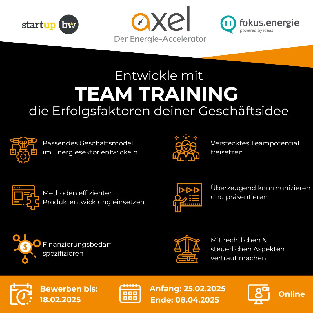 Noch bis zum 18. Februar 2025 läuft die Bewerbungsphase für die 14. Runde des Startup-Programms des Energie-Accelerators AXEL "Team Training". Bewerbung. unter: axel.energy/de/axelerator/…
<a href="/fokusenergie/">fokus.energie e.V.</a> <a href="/Startup_BW/">Start-up BW</a> <a href="/Pioniergarage/">Pioniergarage KIT</a> #startups
