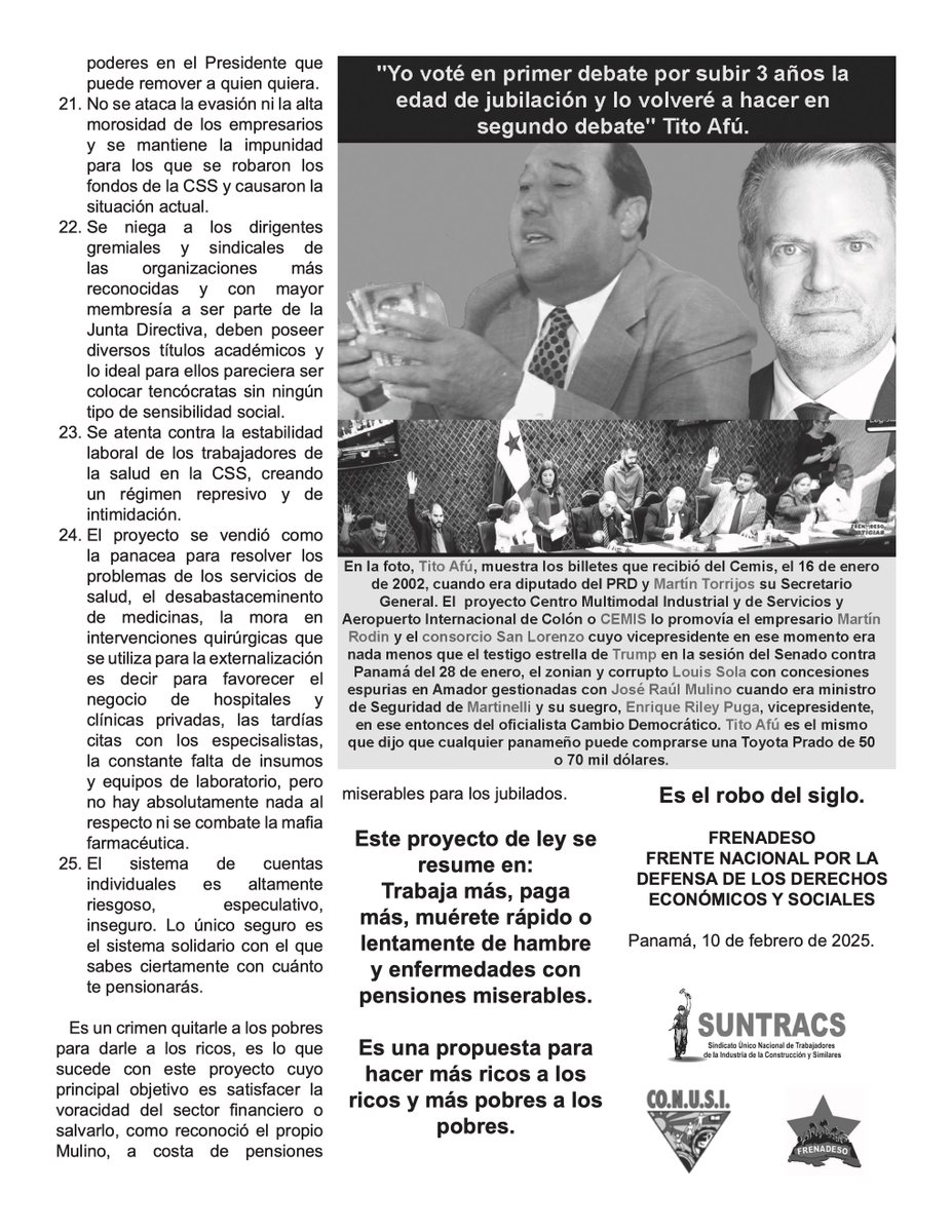ClaridadPanama1's tweet image. 25 razones por los hay que rechazar el proyecto 163.
Sí aumenta la edad de jubilación.
Sí entrega fondos de 4 programas de la CSS bancos privados.
Sí paga pensiones de miseria.
Sí viola Autonomía CSS.
Sí convierte al Director. en Emperador.
Sí convierte al Ejecutivo en Mandamás.