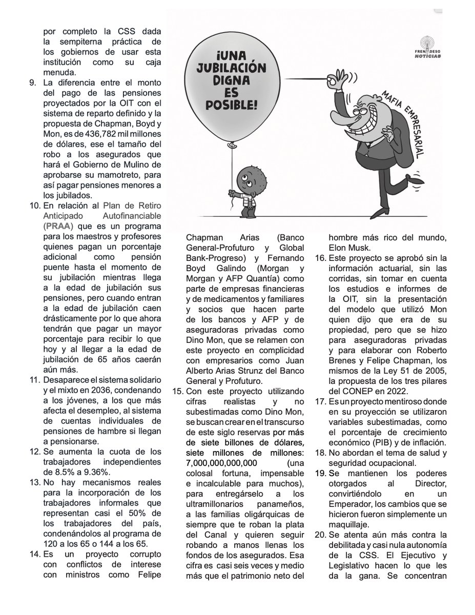 ClaridadPanama1's tweet image. 25 razones por los hay que rechazar el proyecto 163.
Sí aumenta la edad de jubilación.
Sí entrega fondos de 4 programas de la CSS bancos privados.
Sí paga pensiones de miseria.
Sí viola Autonomía CSS.
Sí convierte al Director. en Emperador.
Sí convierte al Ejecutivo en Mandamás.