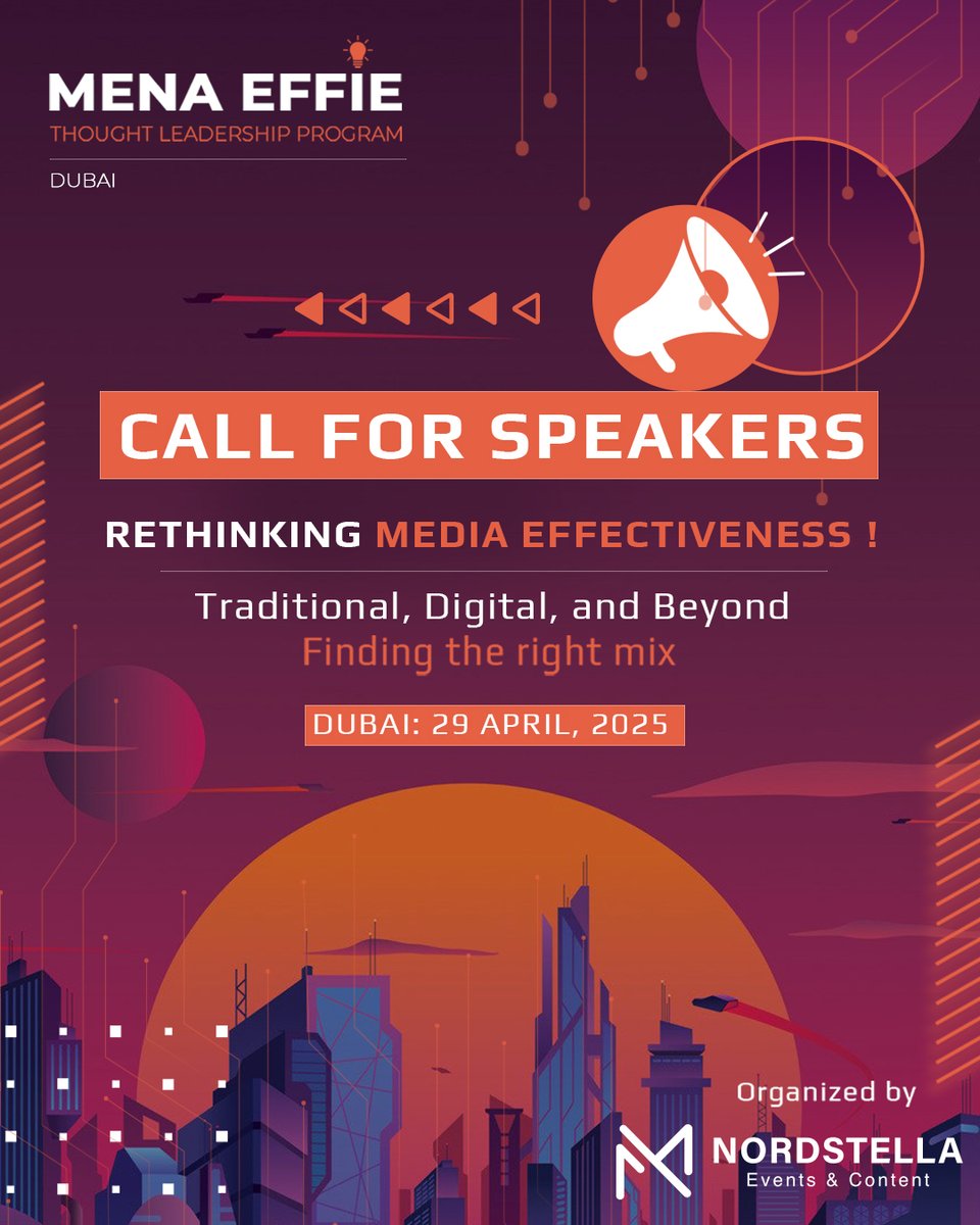 MenaEffieAwards's tweet photo. 📢 CALL FOR SPEAKERS – MENA Effie Thought Leadership Program 2025! 

This year at the MENA Effie Thought Leadership Program, we’re diving deep into Media Effectiveness - the Battle of Media: Traditional vs. Digital (or both), and we want you to be a part of the conversation! https://t.co/URyFIVWRKU