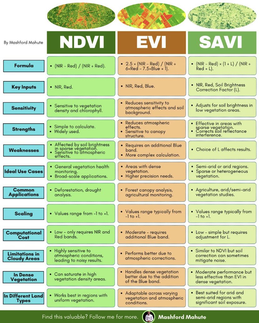 Vegetation indices [VI] are tools in remote sensing used to assess the health, density, and distribution of vegetation. Here are insights on three VI:
• Normalized Difference Vegetation Index
• Enhanced Vegetation Index
• Soil Adjusted Vegetation Index

📸: Mashford Mahute