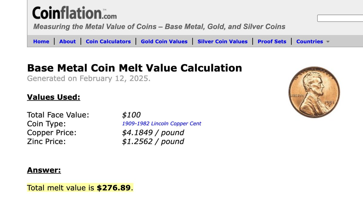 Tip of the day.

The melt value of a penny made pre 1982 is just under 3 cents.

The cost of them is 1 cent.

Now that Trump is demonetizing the penny, melting them will soon not be illegal.  There was a boom in selling these on eBay in the early 2000s people even made sorters to