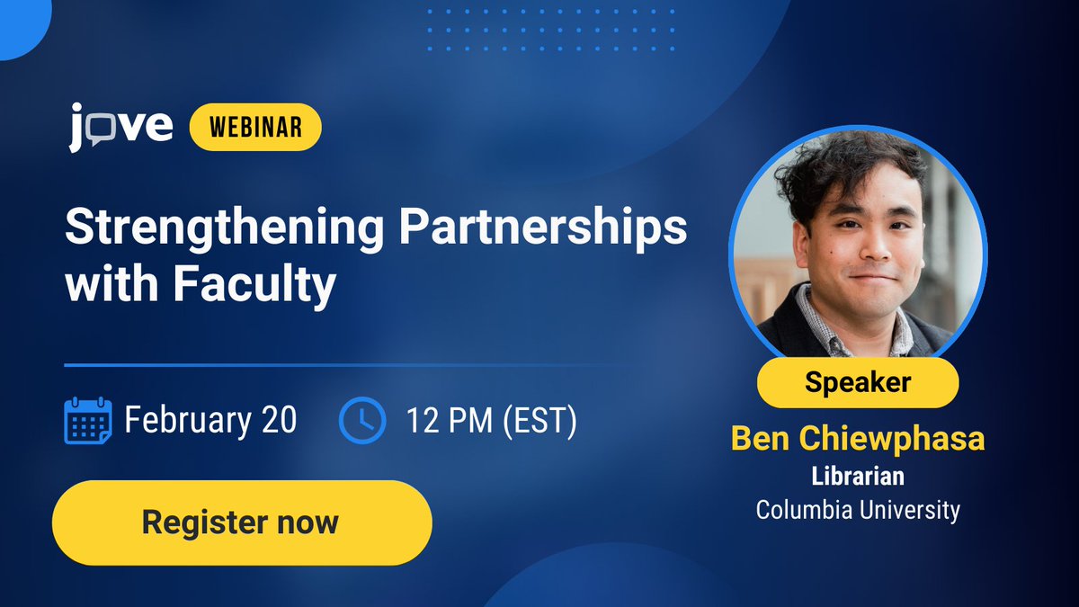 JoVEJournal's tweet image. 📚 Librarians, join Ben Chiewphasa, Librarian @Columbia, for our upcoming webinar on “Strengthening Partnerships with Faculty.”

📅 Date &amp;amp; Time: February 20 at 12 PM (EST)

💾 Save your spot! 🔗 Register now: hubs.ly/Q036nQww0

#Librarian #library #StemEd @BenDataLib