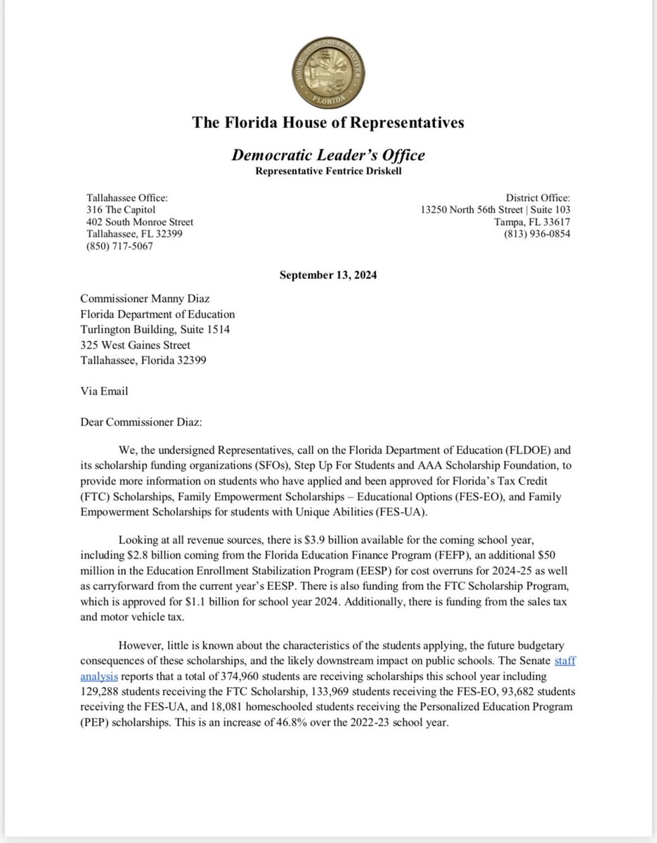 FentriceForFL's tweet photo. I wrote a letter months ago with @RepSkidmore and @AllisonTantFL asking the Florida Department of Education to provide more information on where voucher money is going but got no response. This new Orlando Sentinel investigation underscores the need for more accountability. https://t.co/70JBA1yPP2