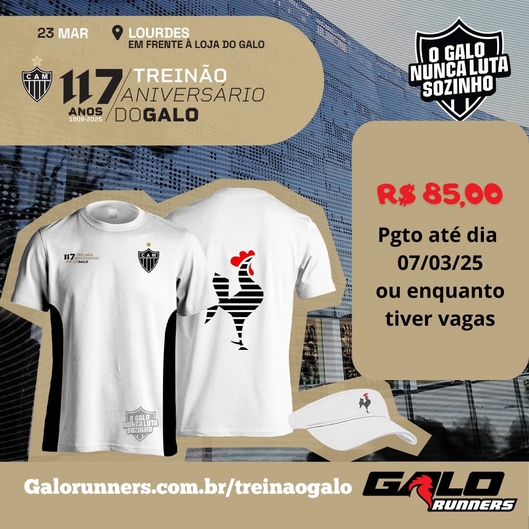 Treinão de Aniversário do Galo já bateu 8 mil inscrições. 
Dia 23/03 as ruas do Lourdes e Sto Agostinho estarão totalmente alvinegras. E a camisa do Kit ficou linda né?
Quem quiser garantir com preço de 1º lote, corra, antes que esgote hein. 

Só acessar galorunners.com.br/treinaogalo