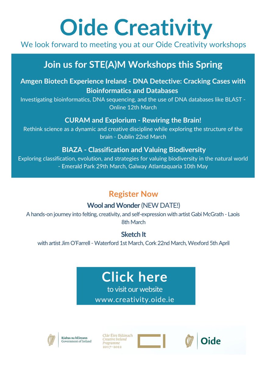 Oide Creativity (@oide_creativity) on Twitter photo π Ready to spark your creativity this spring? π
Join Oide Creativity for a range of inspiring STE(A)M & arts-based workshops - now open for registration! π¨π¬
Limited places available. <a href="/oide_Ireland/">Oide Schools' Support Service, Ireland</a> <a href="/Oide_Science/">Oide Science Subjects Post-primary</a> <a href="/Oide_CASD/">Oide Climate Action and Sustainable Development</a> <a href="/Oide_Geography/">Oide Geography Post-primary</a>
π creativity.oide.ie π Ready to spark your creativity this spring? π
Join Oide Creativity for a range of inspiring STE(A)M & arts-based workshops - now open for registration! π¨π¬
Limited places available. <a href="/oide_Ireland/">Oide Schools' Support Service, Ireland</a> <a href="/Oide_Science/">Oide Science Subjects Post-primary</a> <a href="/Oide_CASD/">Oide Climate Action and Sustainable Development</a> <a href="/Oide_Geography/">Oide Geography Post-primary</a>
π creativity.oide.ie
