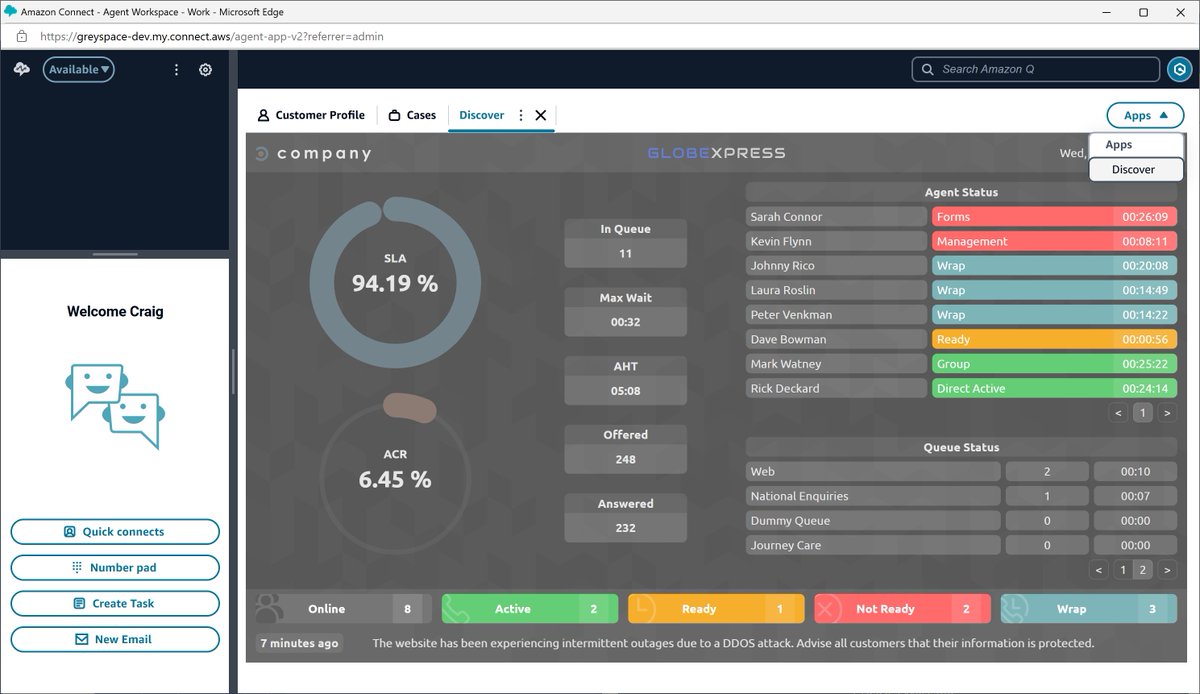 TeamGreySpace's tweet photo. This week we've been experimenting with integrating Discover with Amazon Connect Agent Workspace.

Earlier this morning we hit milestone one with the implementation of Discover as a native application within Agent Workspace - very cool!

#AmazonConnect #ContactCenter https://t.co/VkLuMmAR3x