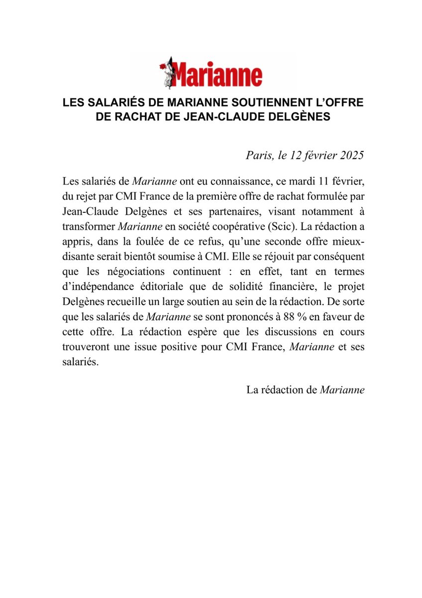 Un communiqué des salariés de
<a href="/MarianneleMag/">Marianne</a>. Nous soutenons l'offre de rachat de Jean-Claude Delgènes.