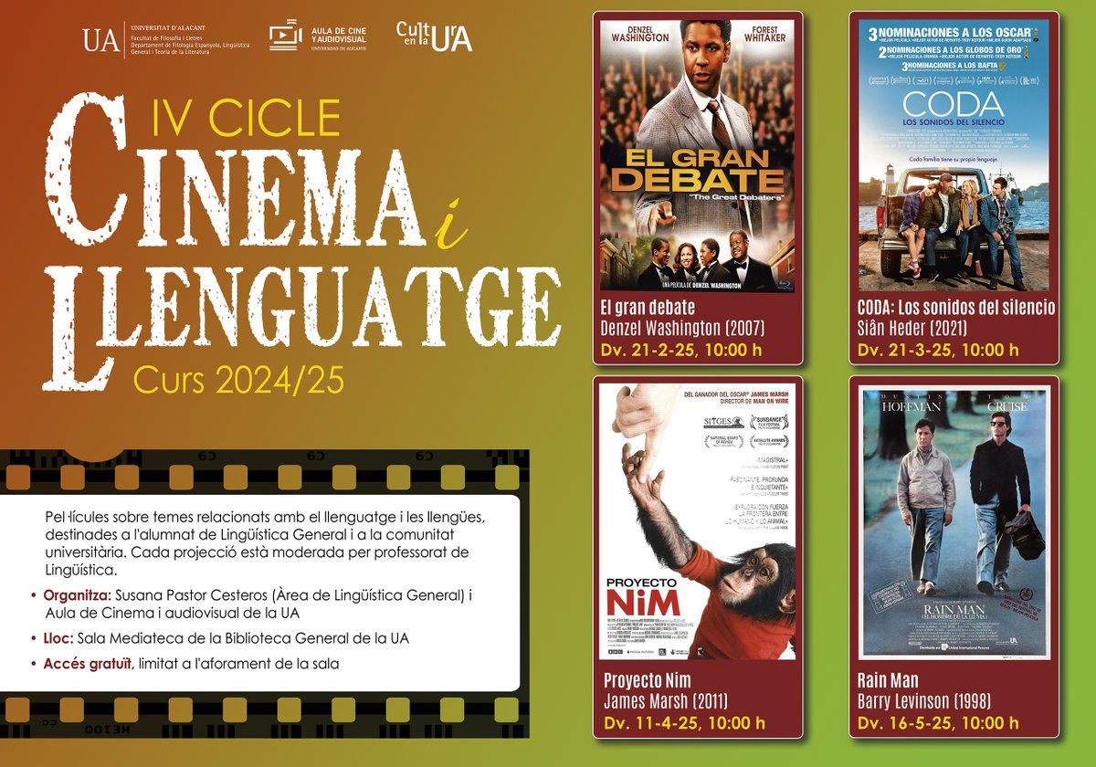 A punt de començar el IV Cicle de Cinema i Llenguatge <a href="/LletresUA/">LletresUA</a>, adreçat a tot l'alumnat de Lingüística General i obert a la comunitat universitària. Pel·lícules per a saber més sobre comunicació, llengües i llenguatge cinematogràfic <a href="/aulacineua/">AulaCineUA 🎞️🎞️🎞️🎞️🎞️📽️🎭</a> <a href="/IsraelGilPerez/">Israel Gil Pérez</a> <a href="/cbtrad/">Carla Botella</a> <a href="/AcqUA_UA/">AcqUA - Adquisición de Lenguas Adicionales</a>