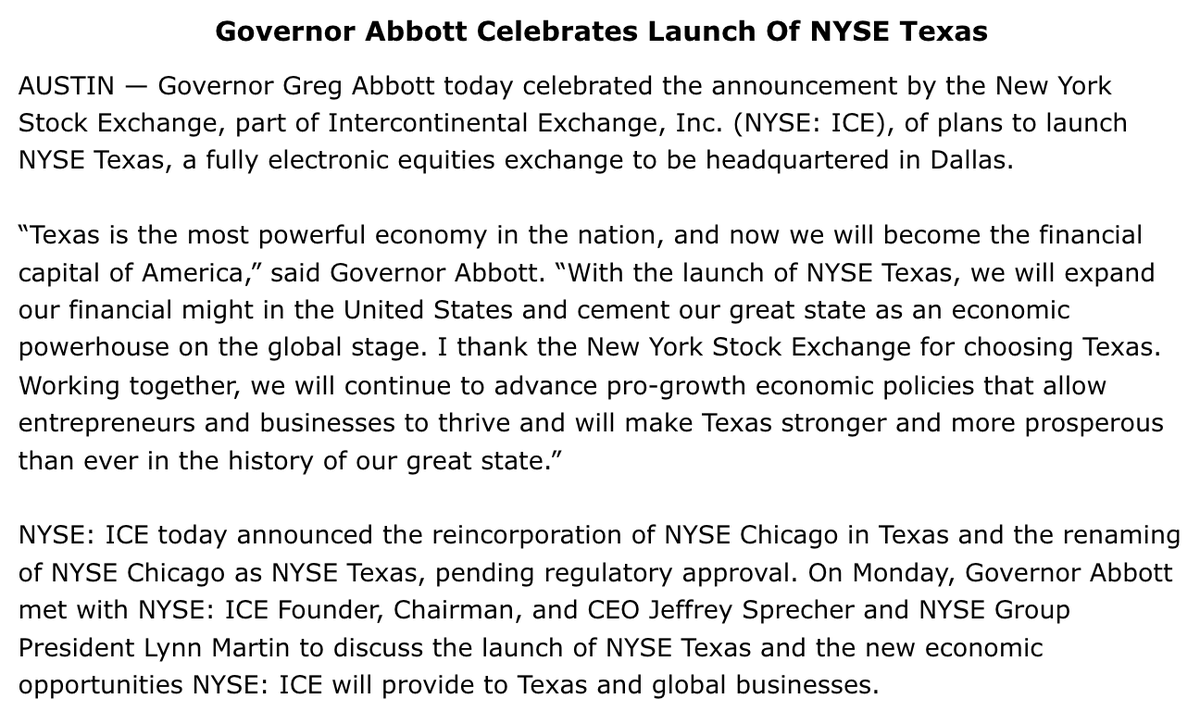BIG NEWS for Texas today! <a href="/NYSE/">NYSE 🏛</a> is launching NYSE Texas in Dallas.

This will cement Texas' position as a national and global economic powerhouse.

Texas will be the financial capital of America.