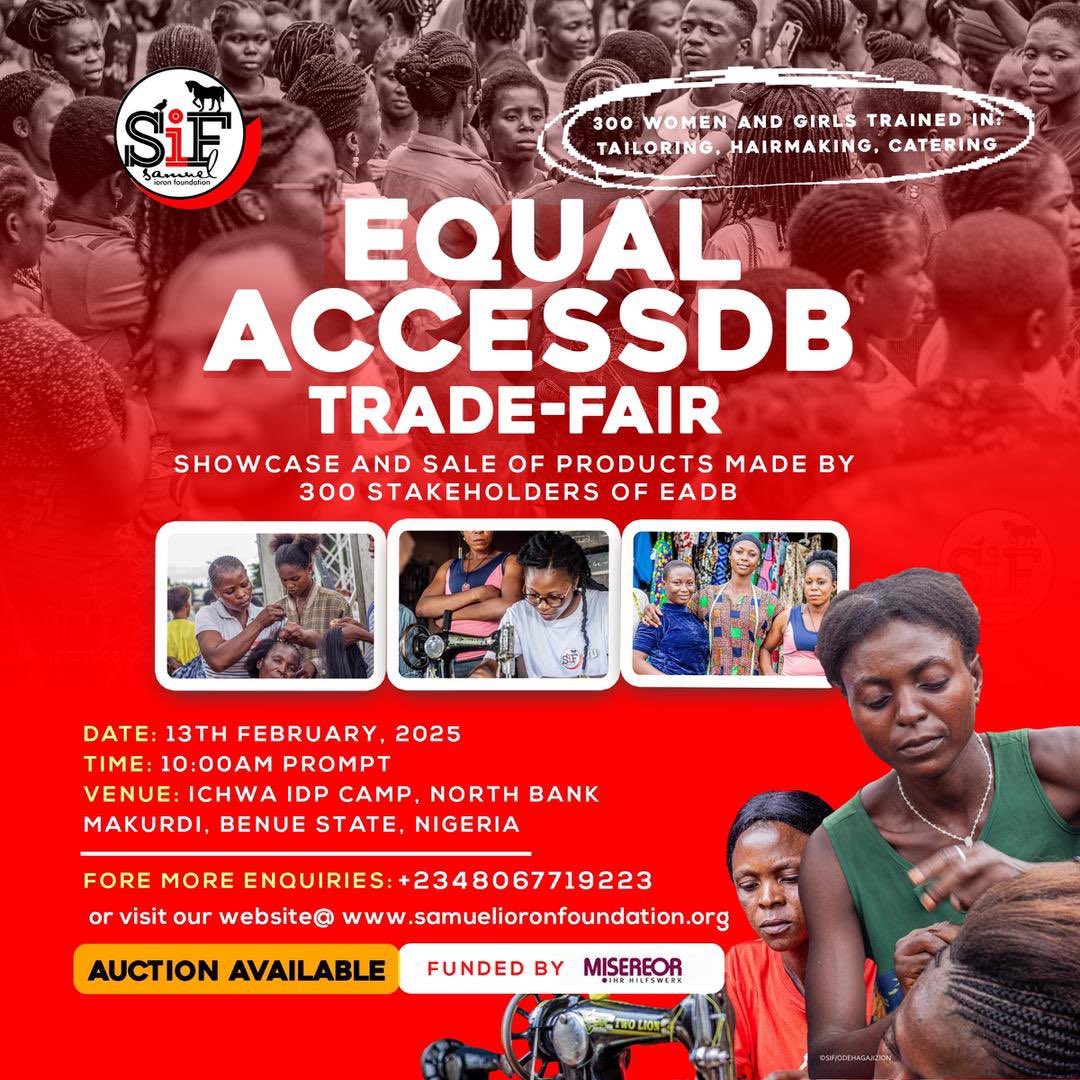 ngunanioron's tweet photo. Tomorrow’s the big event - 300 women and girls trained in digital literacy & vocational skills will be showcasing their products& services at the #EADBTradeFair2025.
Read more about Equal Access DB (#EADB) here⬇️
https://t.co/6dNv4Ll1SU
📍Ichwa IDP camp, Makurdi https://t.co/L0bXJr7Oxw