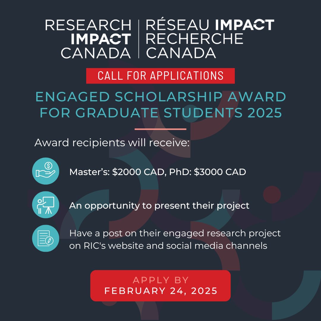 If your graduate research includes #KMb activities like co-creation and partnerships, knowledge exchange with communities, and other impactful efforts, then apply for the RIC Engaged Scholarship Award 2025!

🗓️ Deadline is Feb 24, 2025
🔗 Apply: bit.ly/4fmuOFS